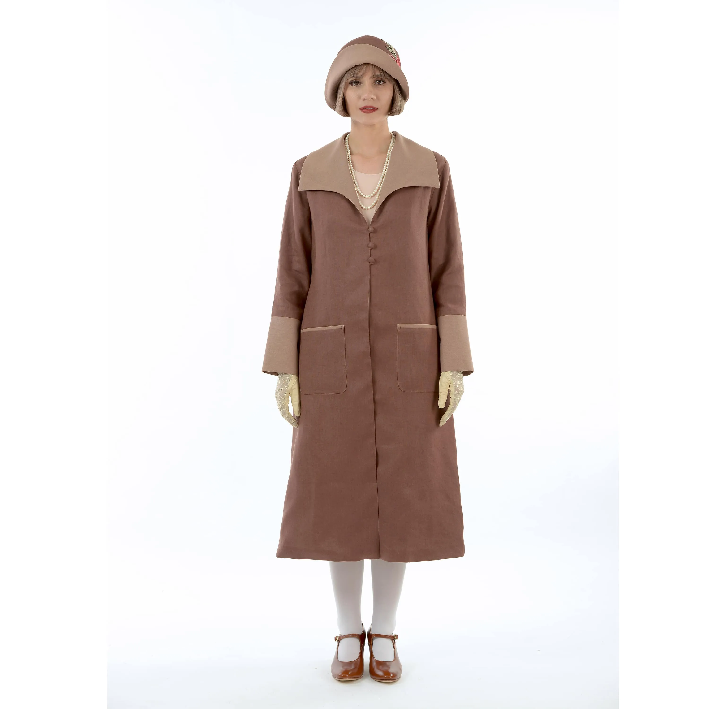 2-toned dark brown linen 1920s coat with wing collar