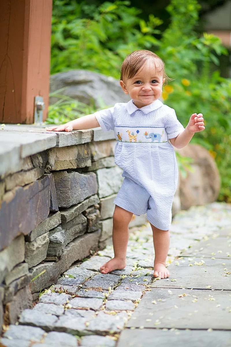 22495-Smocked Animal Shortall Baby Boy Romper