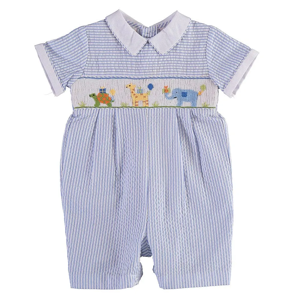 22495-Smocked Animal Shortall Baby Boy Romper