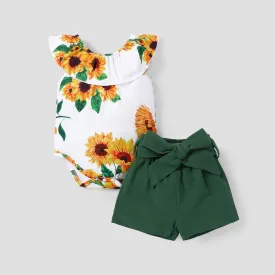 2pcs Baby Girl 100% Cotton Solid Belted Shorts and Allover Sunflower Print Ruffled Collar Tank Romper Set