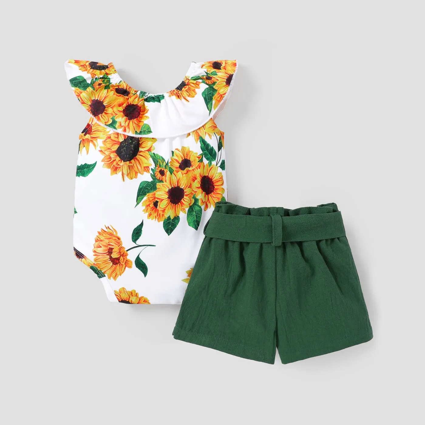2pcs Baby Girl 100% Cotton Solid Belted Shorts and Allover Sunflower Print Ruffled Collar Tank Romper Set