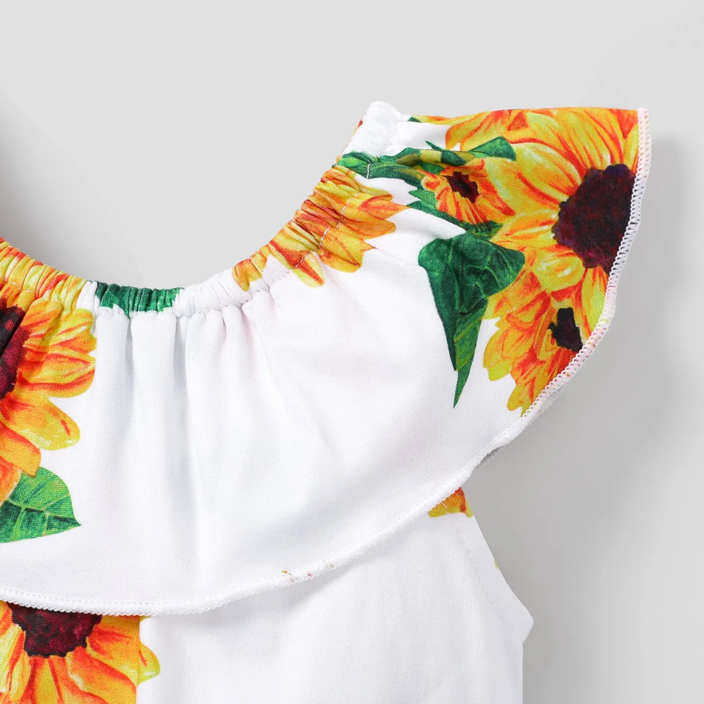 2pcs Baby Girl 100% Cotton Solid Belted Shorts and Allover Sunflower Print Ruffled Collar Tank Romper Set