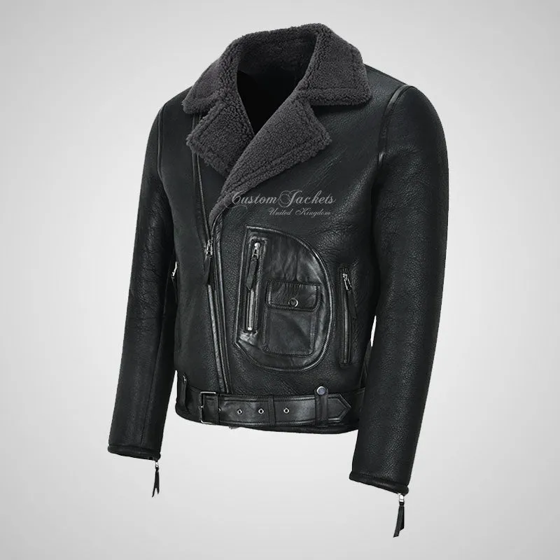 ASTER Men Biker Sheepskin Pilot Jacket Grey Fur Shearling Jacket