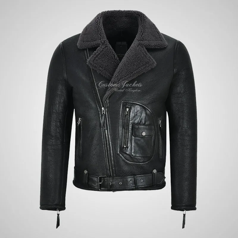 ASTER Men Biker Sheepskin Pilot Jacket Grey Fur Shearling Jacket