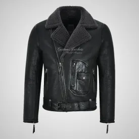 ASTER Men Biker Sheepskin Pilot Jacket Grey Fur Shearling Jacket