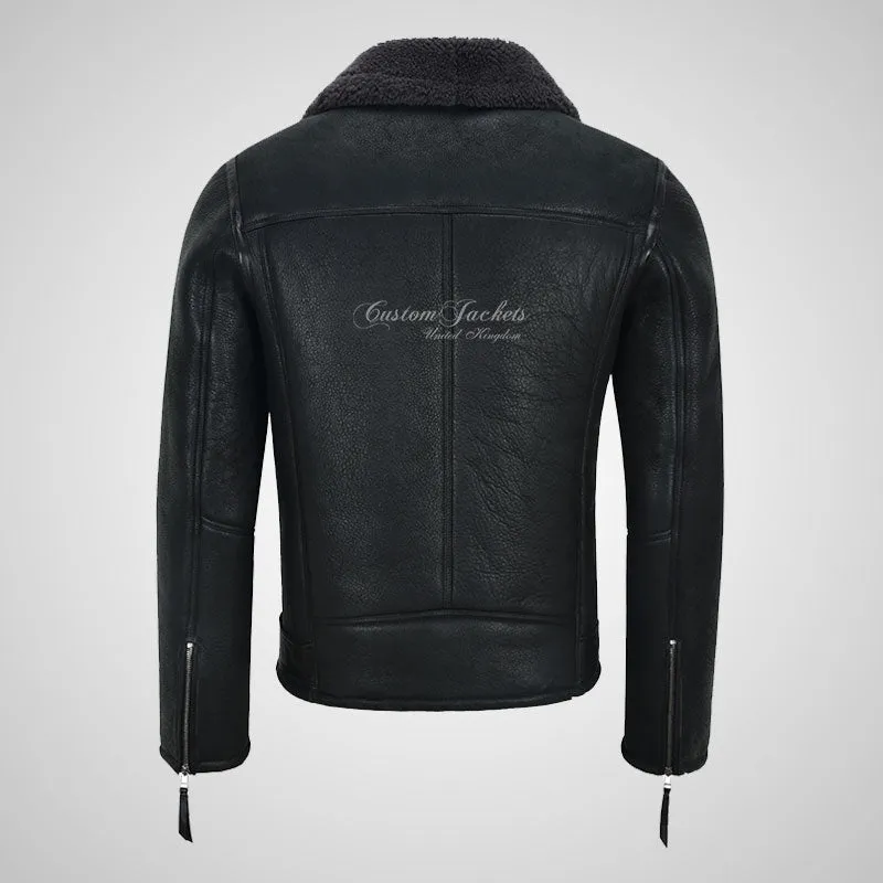 ASTER Men Biker Sheepskin Pilot Jacket Grey Fur Shearling Jacket