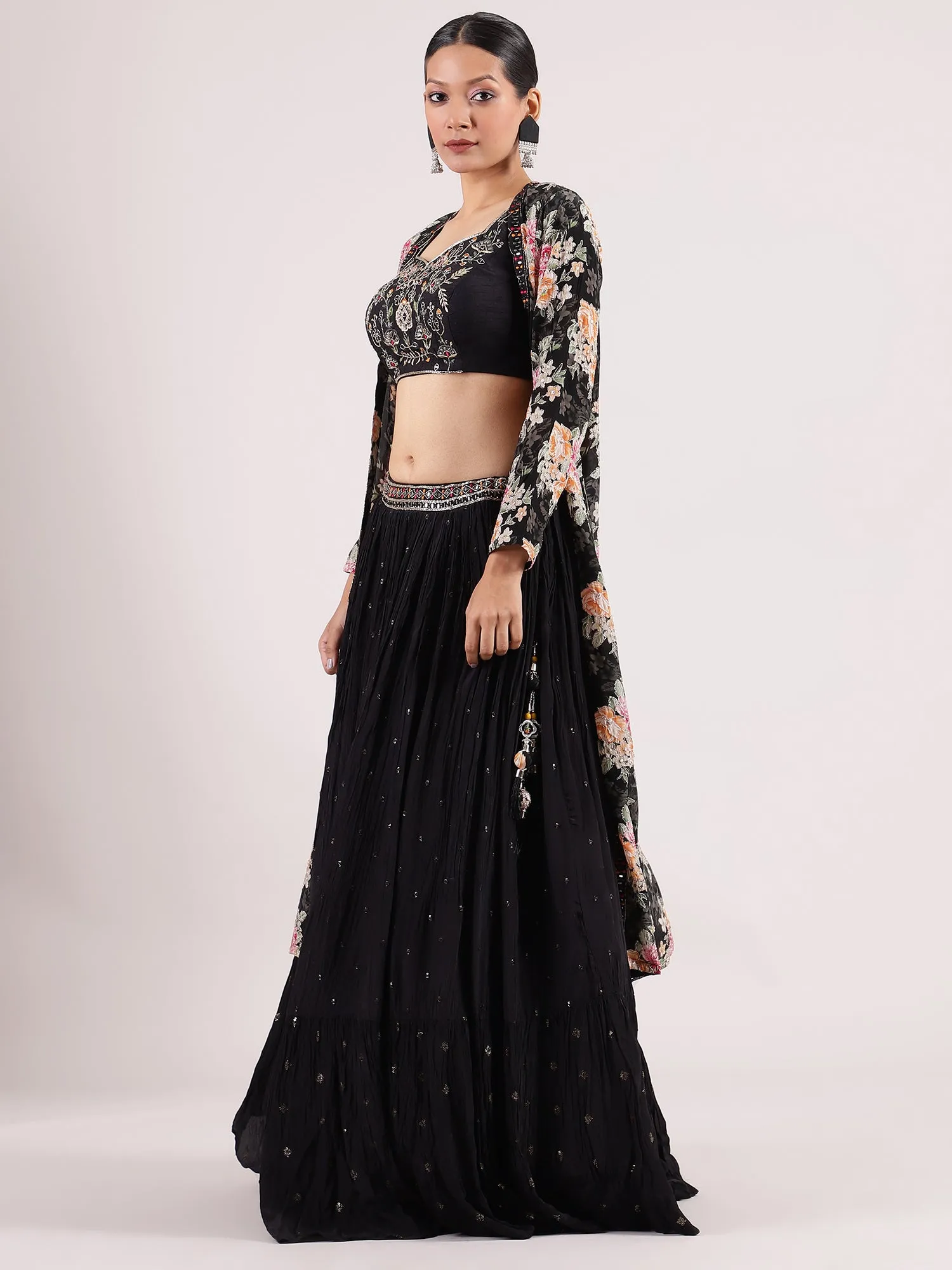 Black Georgette Lehenga with Floral Organza Jacket