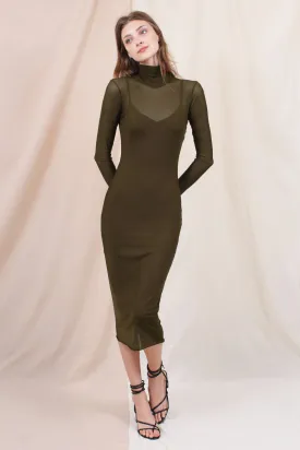 Bodycon Mock Neck Mesh Long Sleeve Midi Dress - Olive