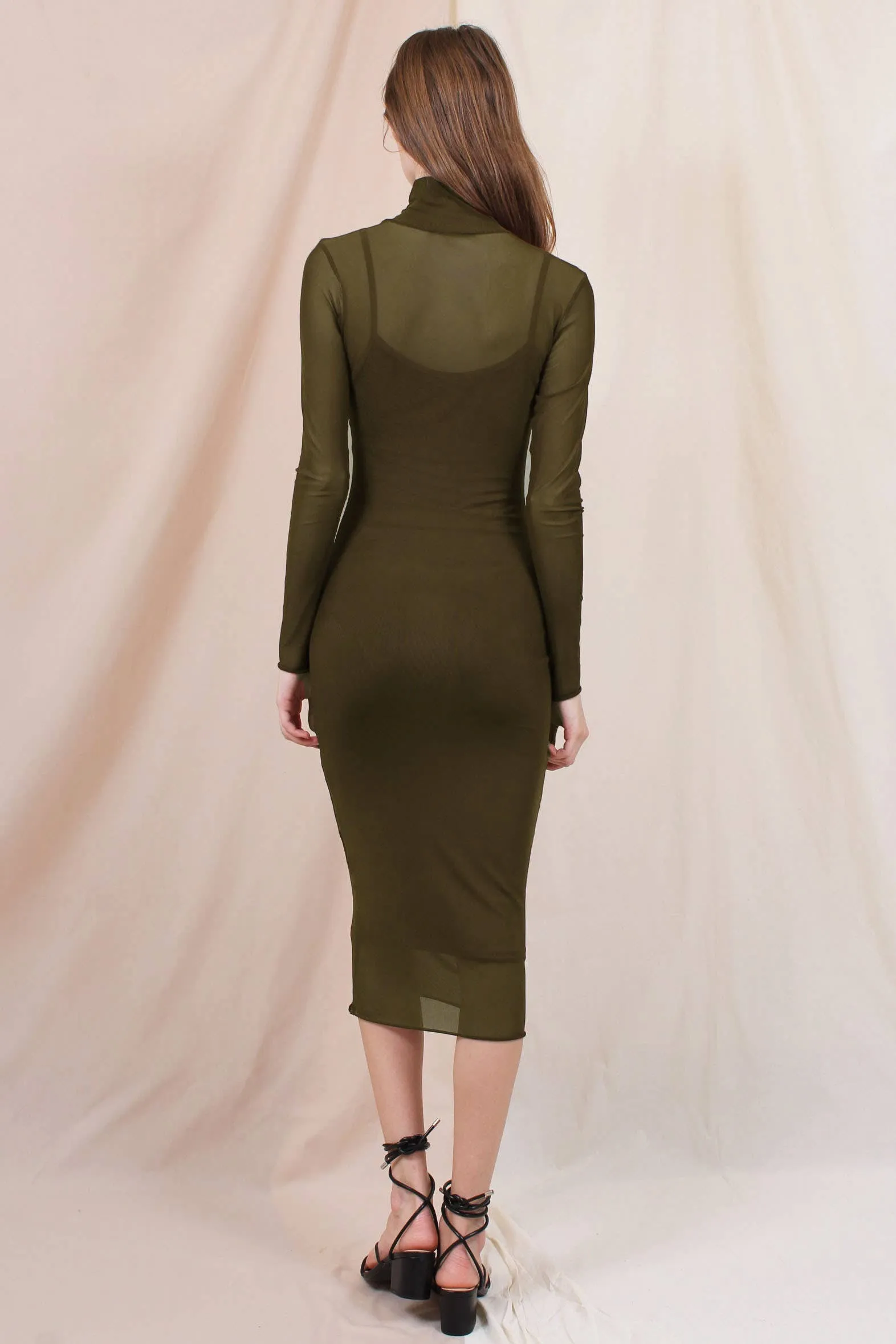 Bodycon Mock Neck Mesh Long Sleeve Midi Dress - Olive