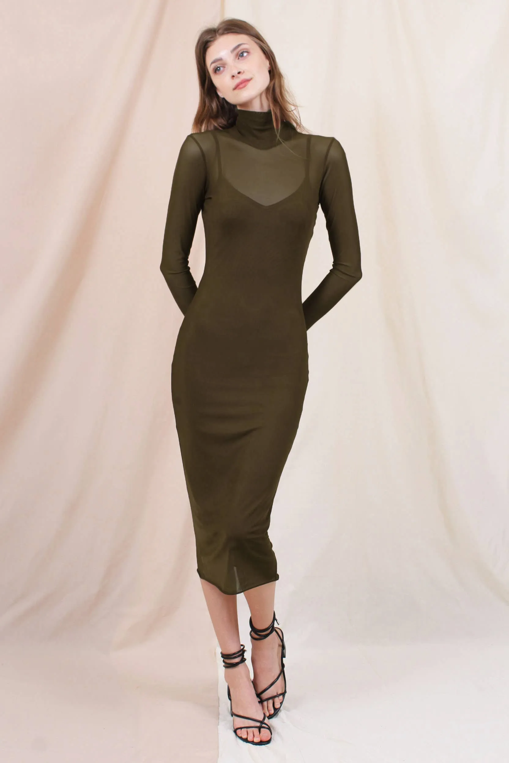 Bodycon Mock Neck Mesh Long Sleeve Midi Dress - Olive