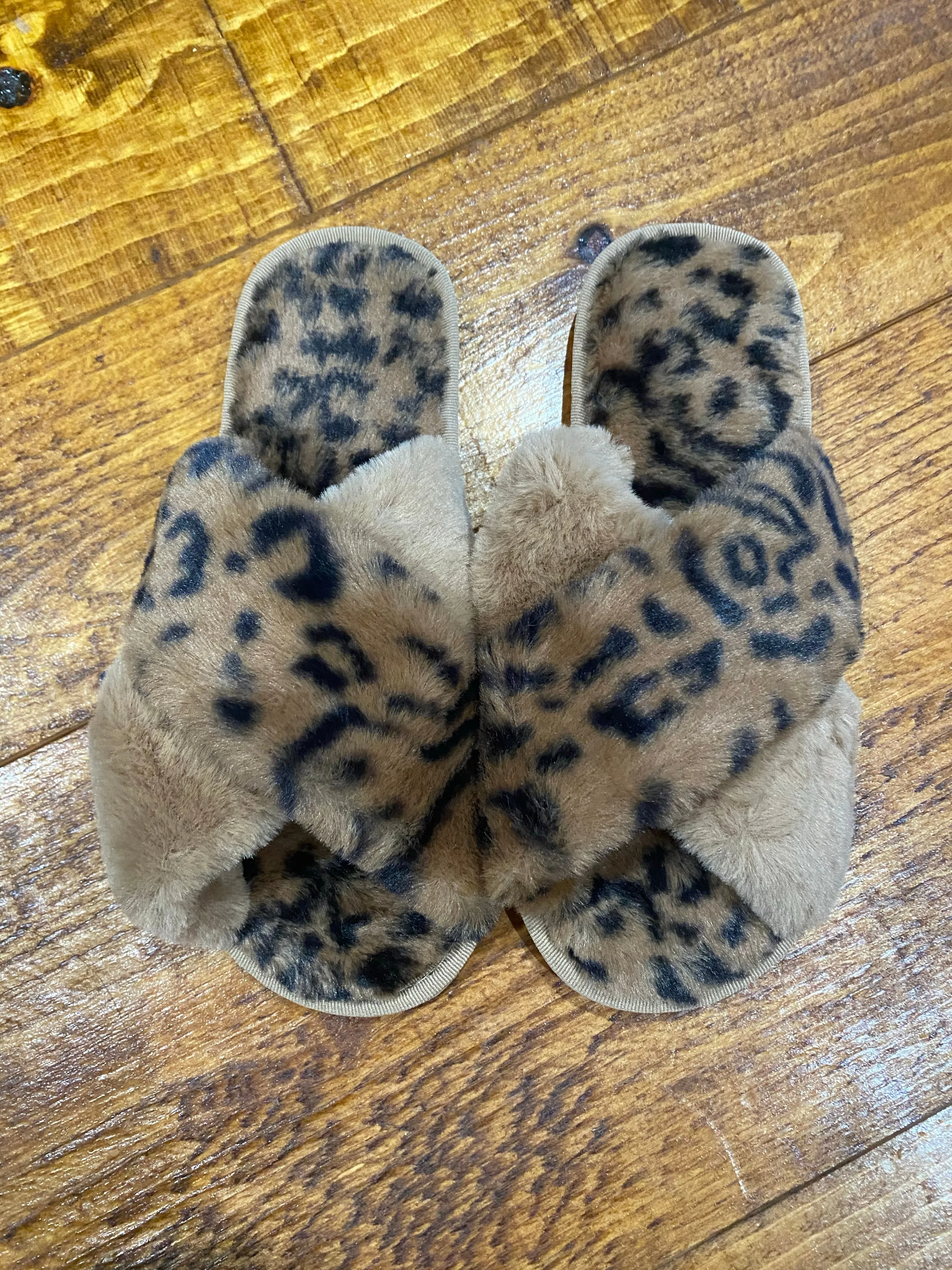 Brown Crisscross Faux Fur Slippers