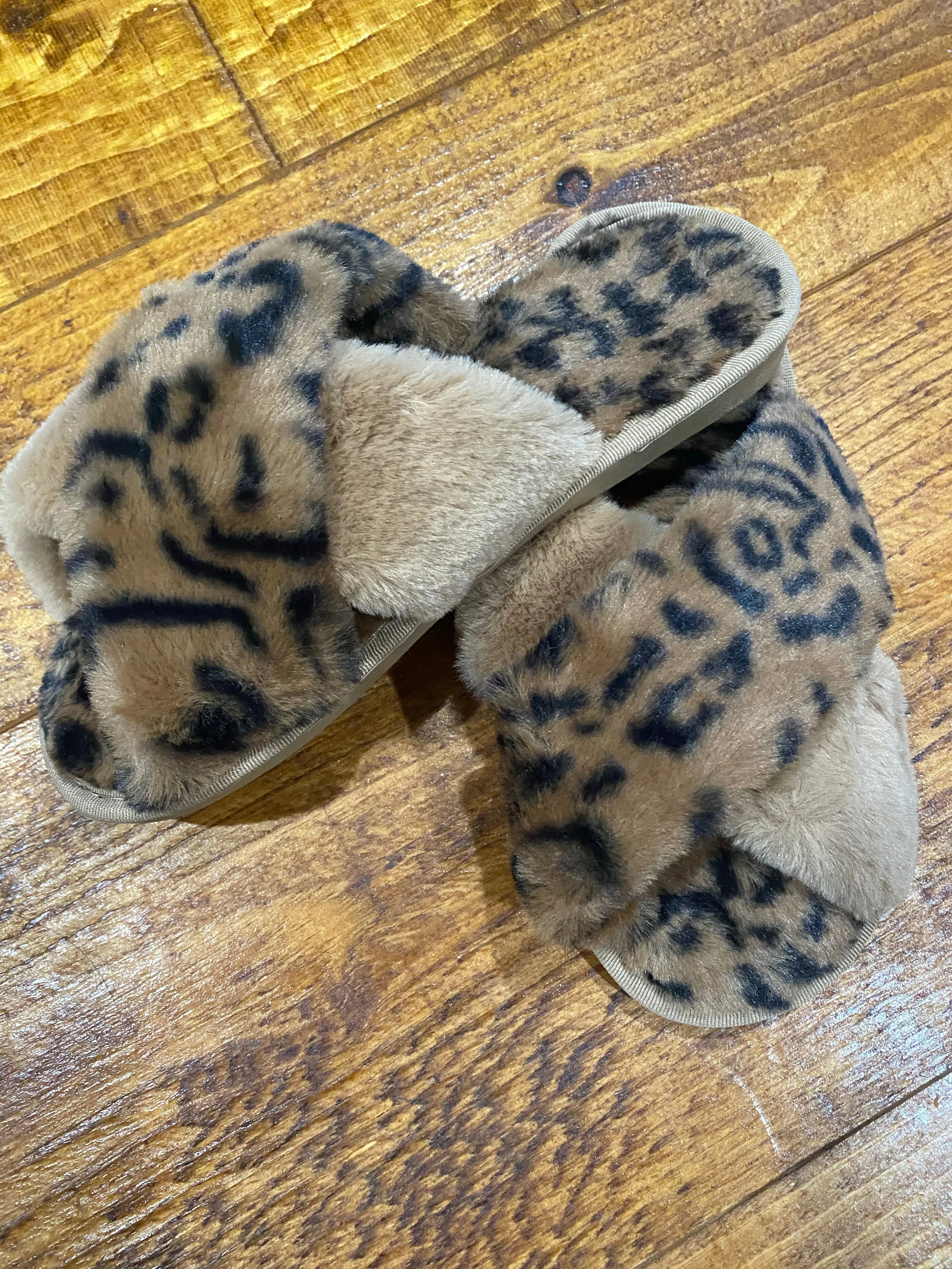 Brown Crisscross Faux Fur Slippers