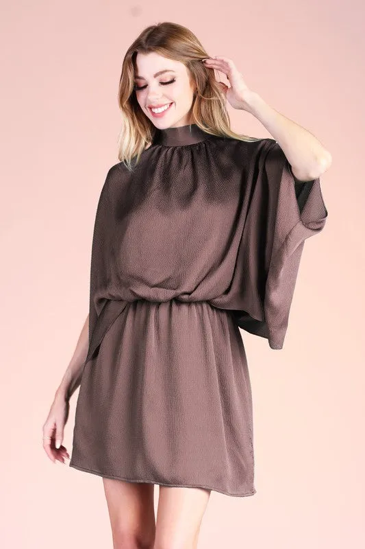 Brown Hammered Satin Mock Neck Caftan Mini Dress