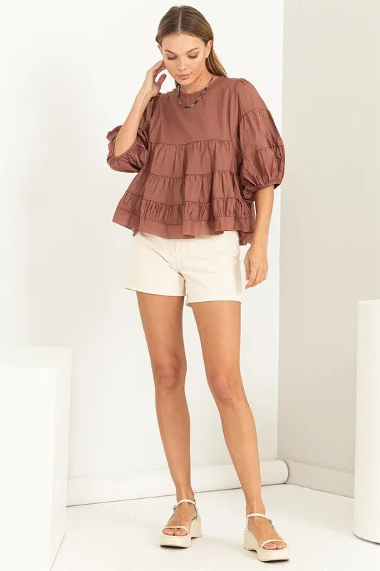 Brown Simply Beautiful Elbow Sleeve Tiered Top
