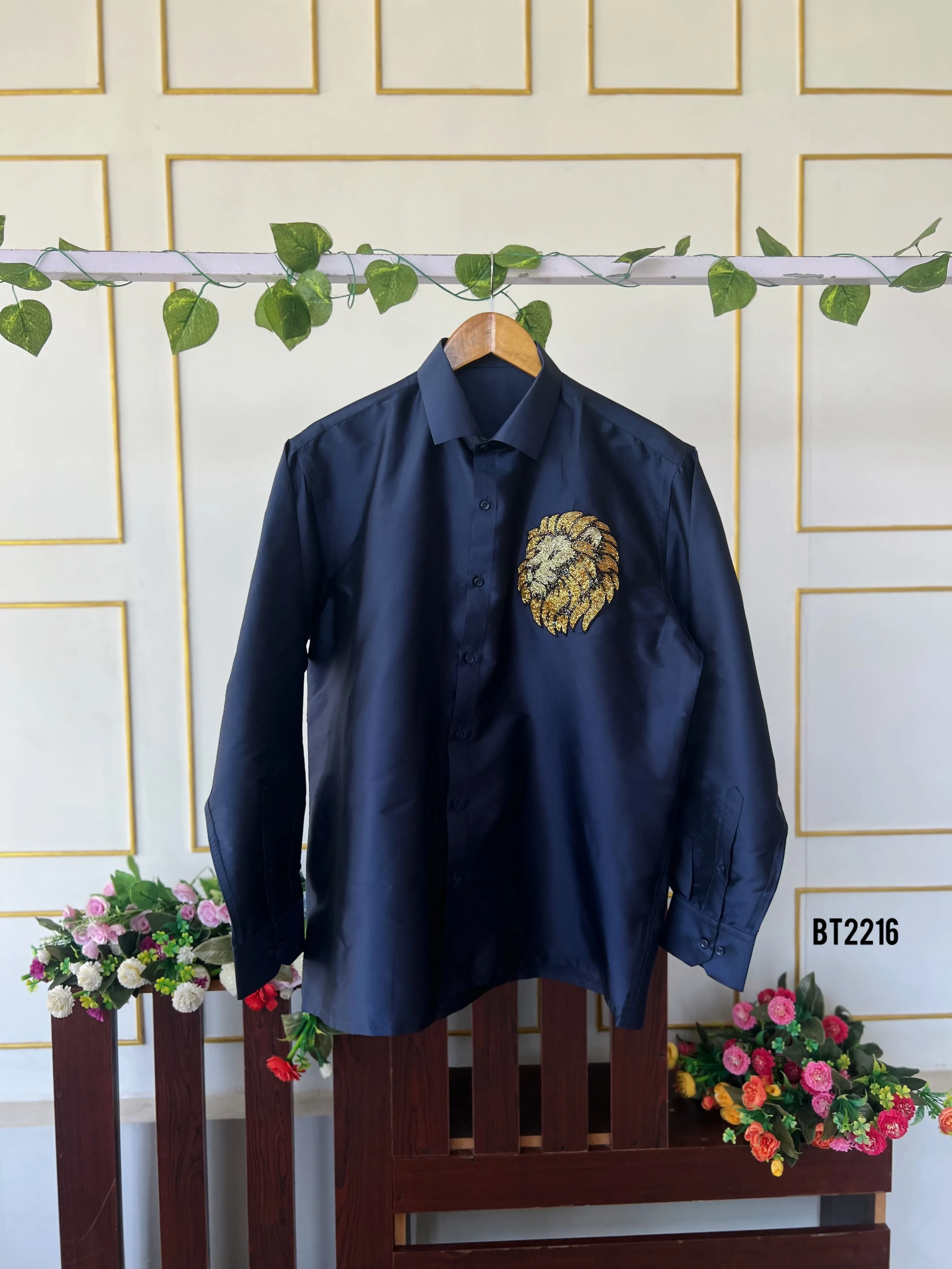 BT2216  Navy Regal Lion Embroidered Party Wear Shirt For Boys 🦁✨