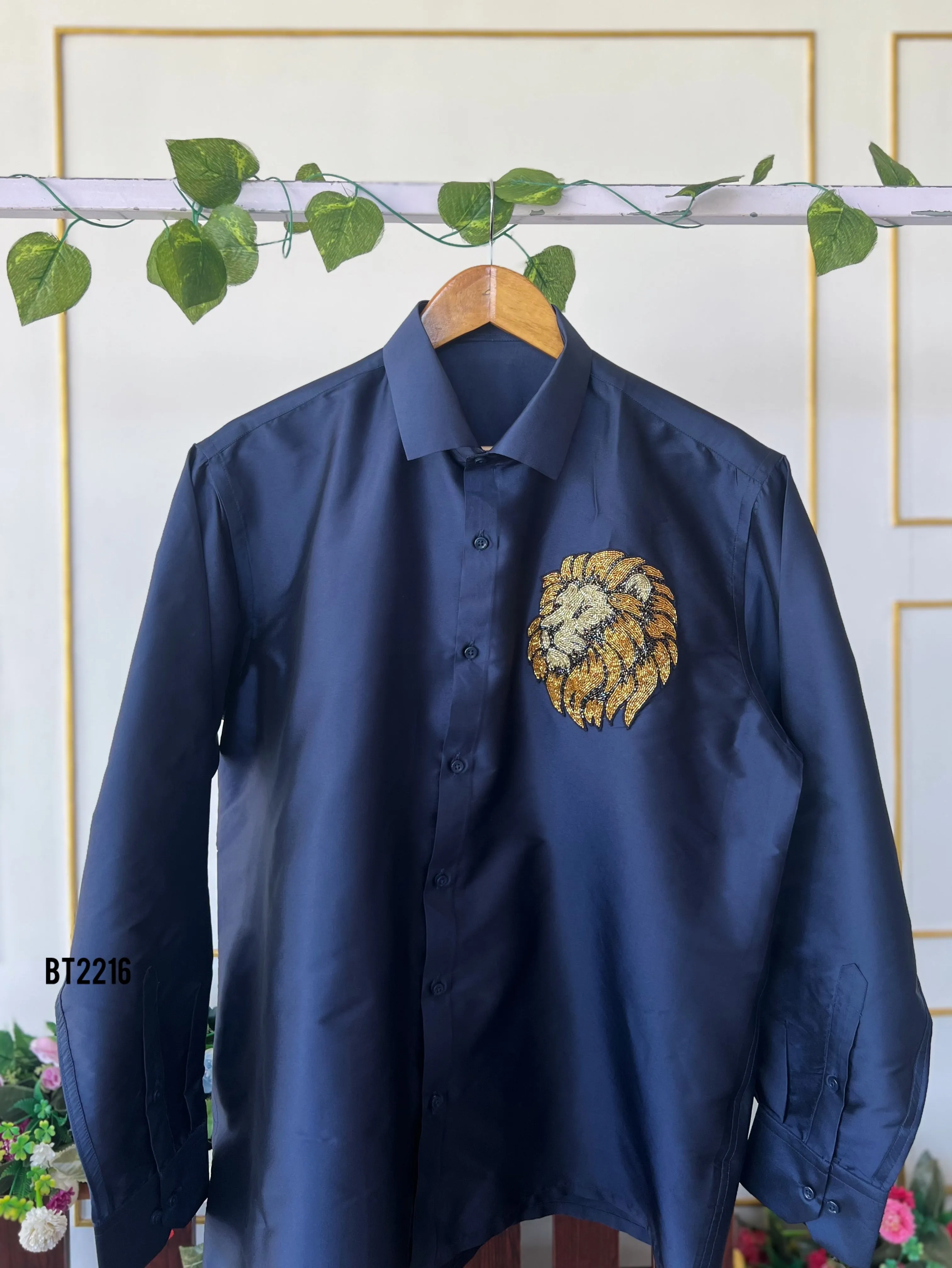BT2216  Navy Regal Lion Embroidered Party Wear Shirt For Boys 🦁✨