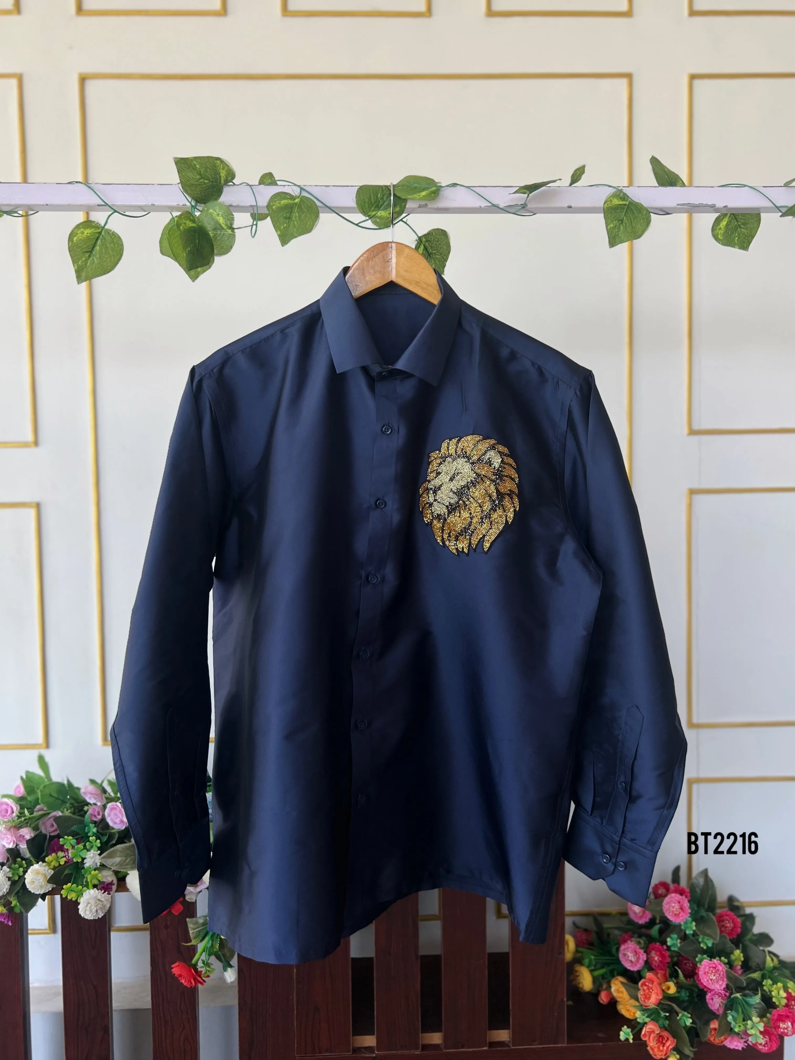 BT2216  Navy Regal Lion Embroidered Party Wear Shirt For Boys 🦁✨
