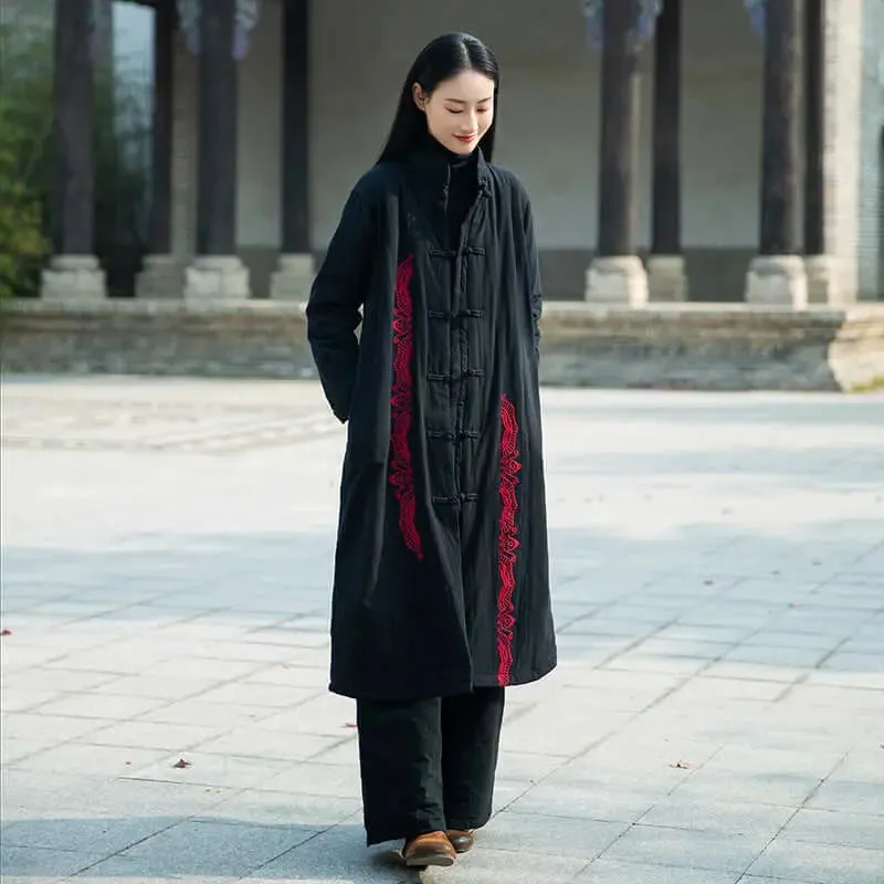 Burgundy Linen and Cotton Padded Winter Coat for Women