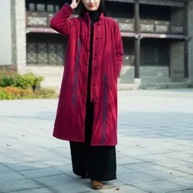 Burgundy Linen and Cotton Padded Winter Coat for Women