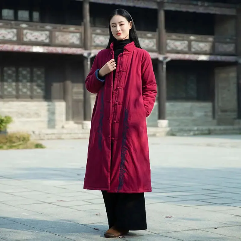Burgundy Linen and Cotton Padded Winter Coat for Women