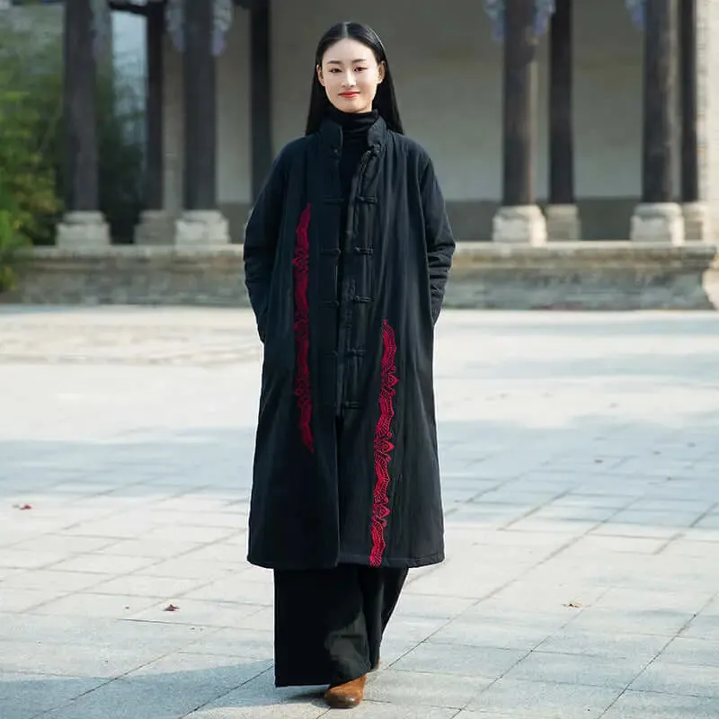 Burgundy Linen and Cotton Padded Winter Coat for Women
