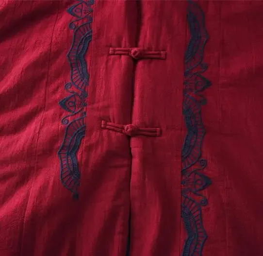 Burgundy Linen and Cotton Padded Winter Coat for Women