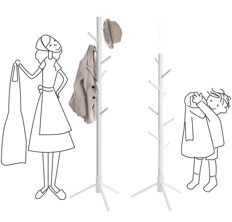 Coat Rack, Solid Wood Coat Stand, Free Standing Hall Coat Tree with 8 Hooks for Coats