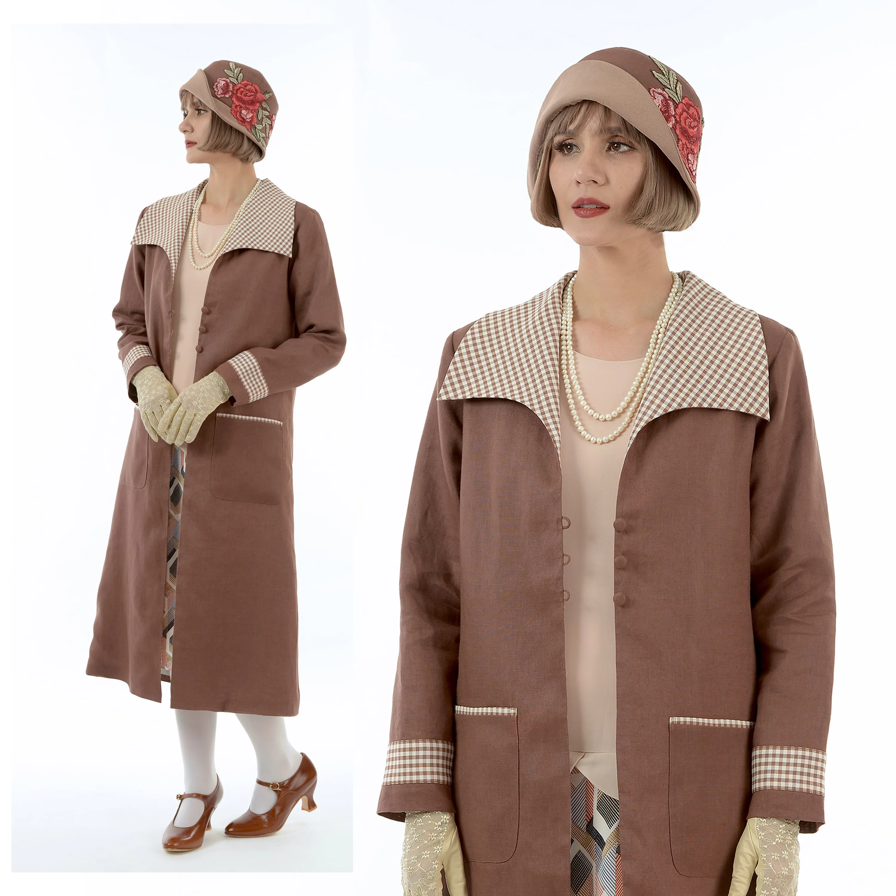 Dark brown linen 1920s coat with white/brown plaid collar