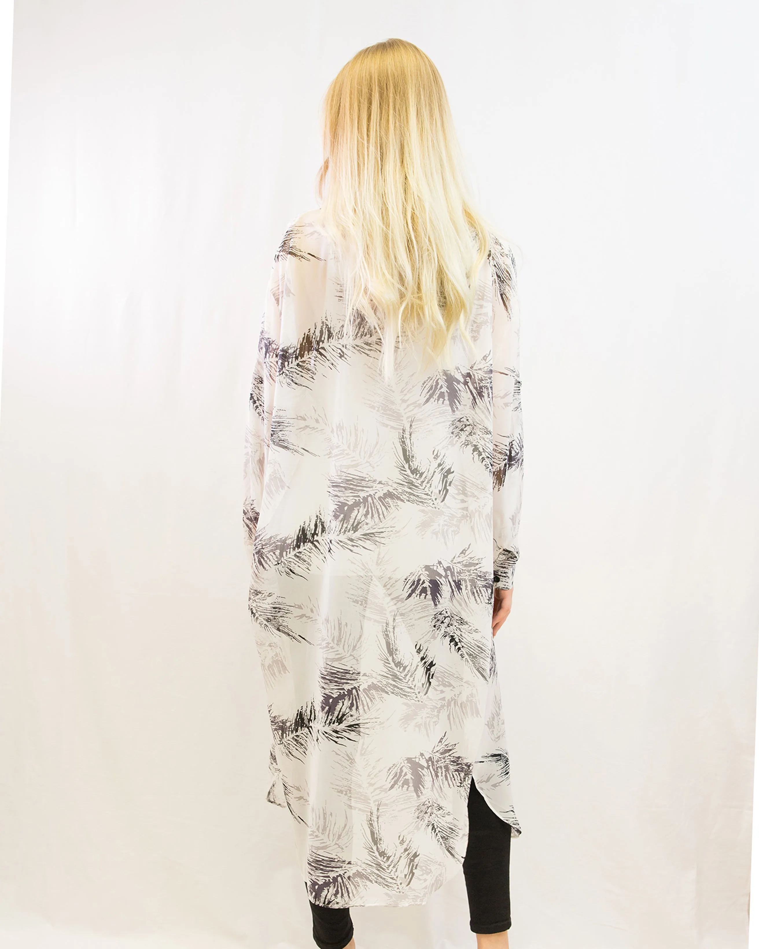 Feather and Leaves Printed Maxi Shirt Dress (BLACK）