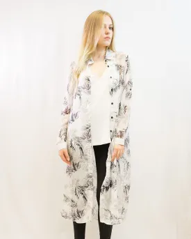 Feather and Leaves Printed Maxi Shirt Dress (BLACK）