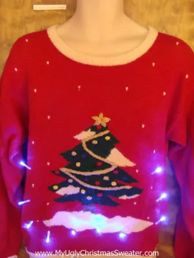 Festive Red Light Up Ugly Xmas Sweater with Tree