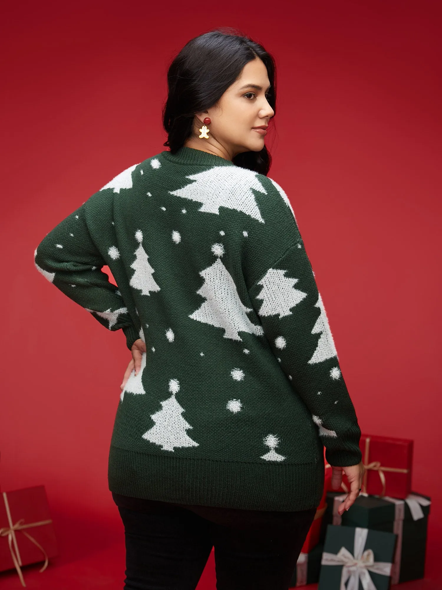 Festive Trees Ribbed Detailing Pullover