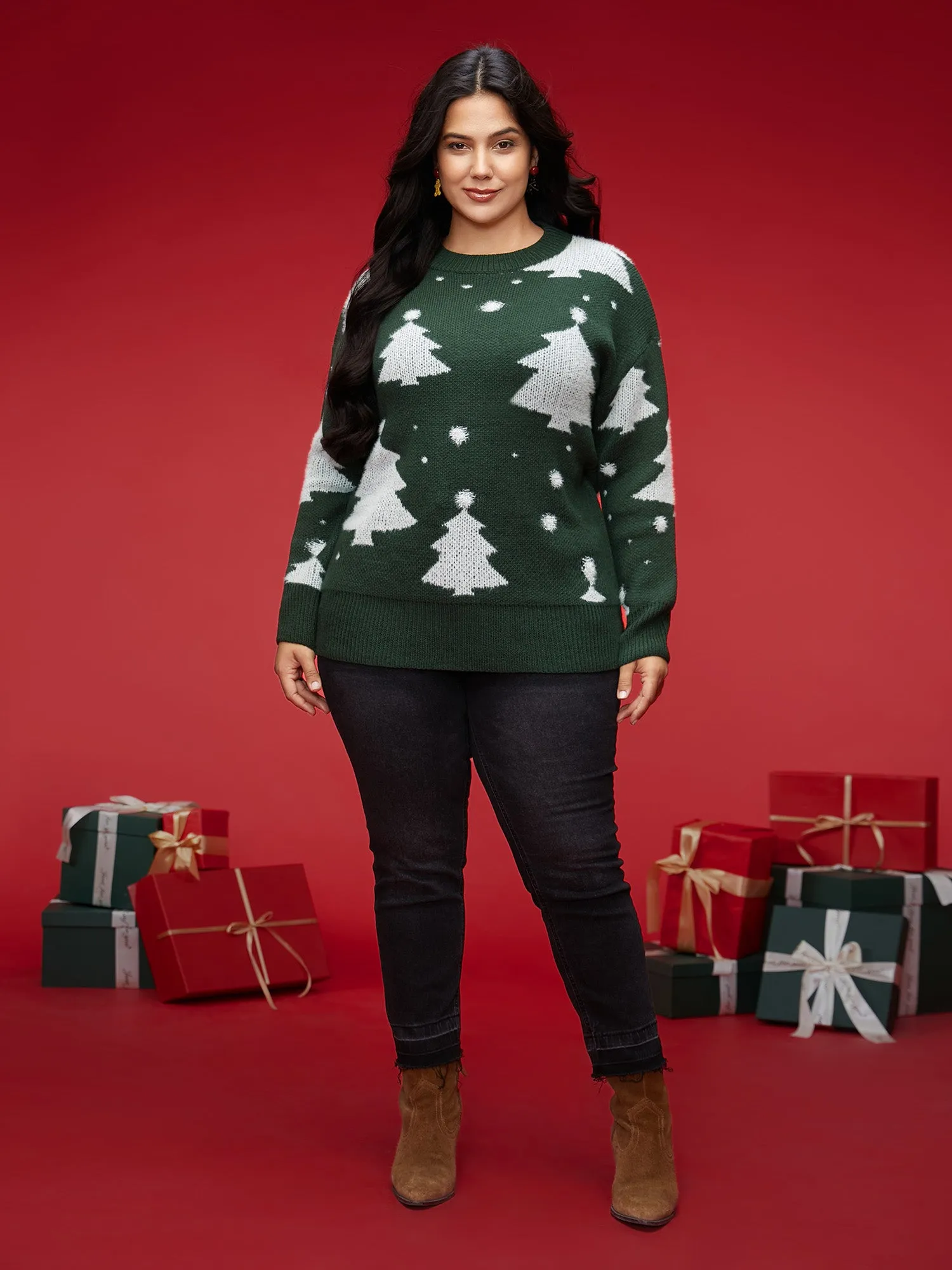 Festive Trees Ribbed Detailing Pullover