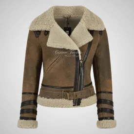 GEREN Women Shearling Jacket Vintage B3 Aviator Sheepskin Jacket