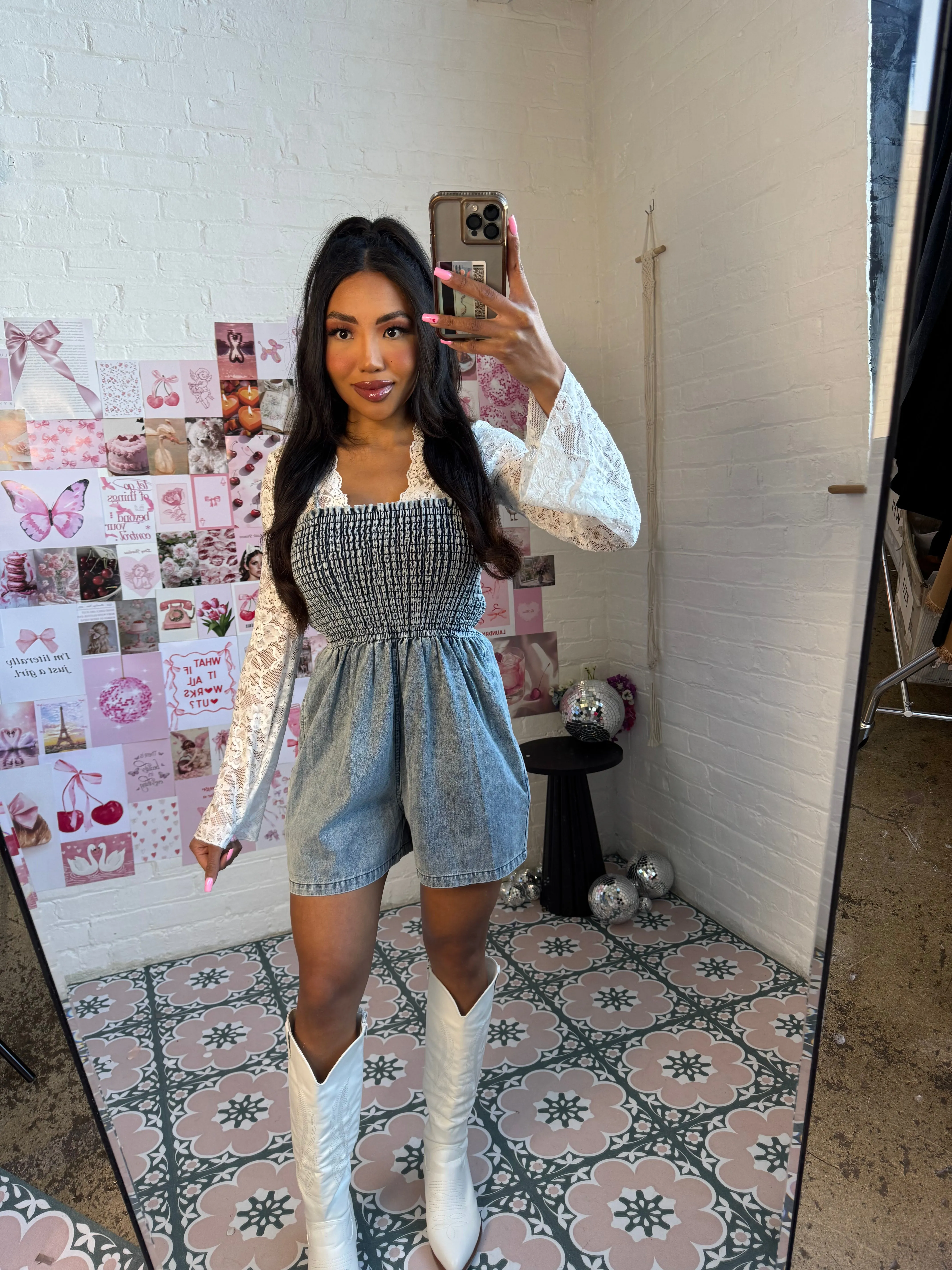 Harvey Smocked Spaghetti Strap Denim Romper