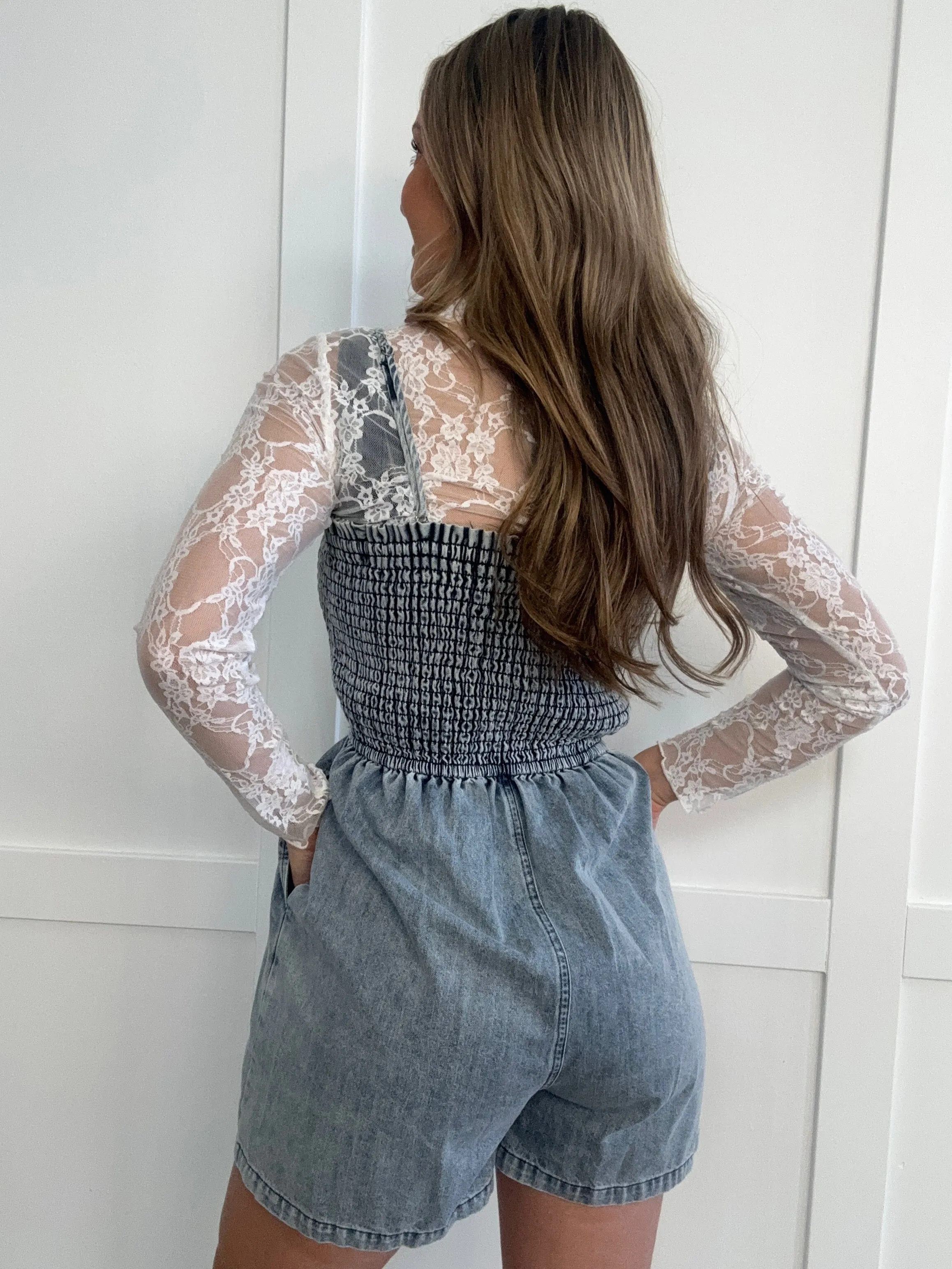 Harvey Smocked Spaghetti Strap Denim Romper