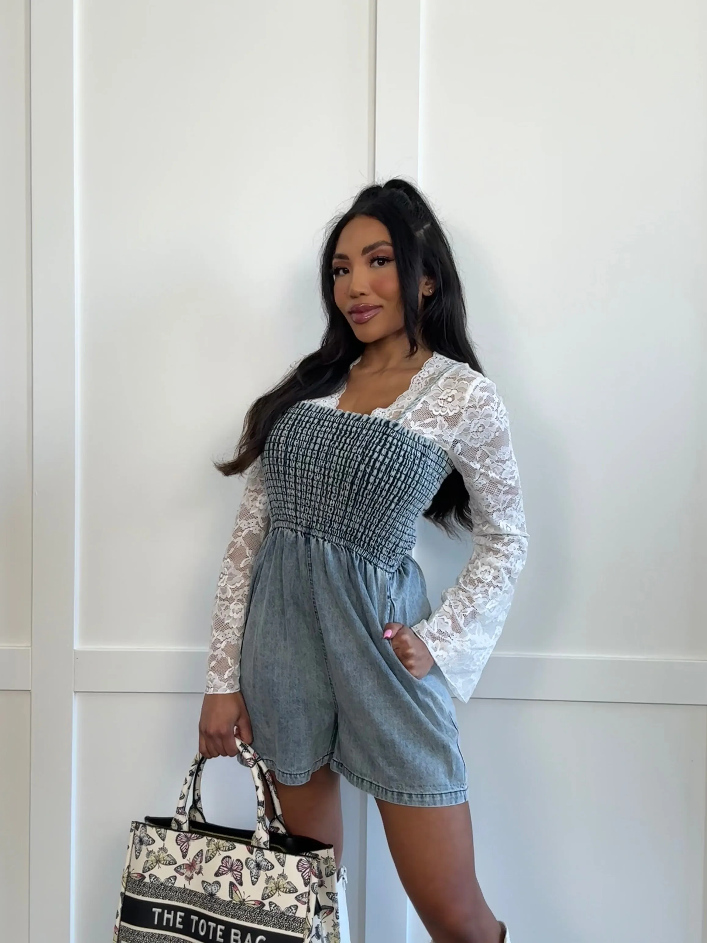 Harvey Smocked Spaghetti Strap Denim Romper