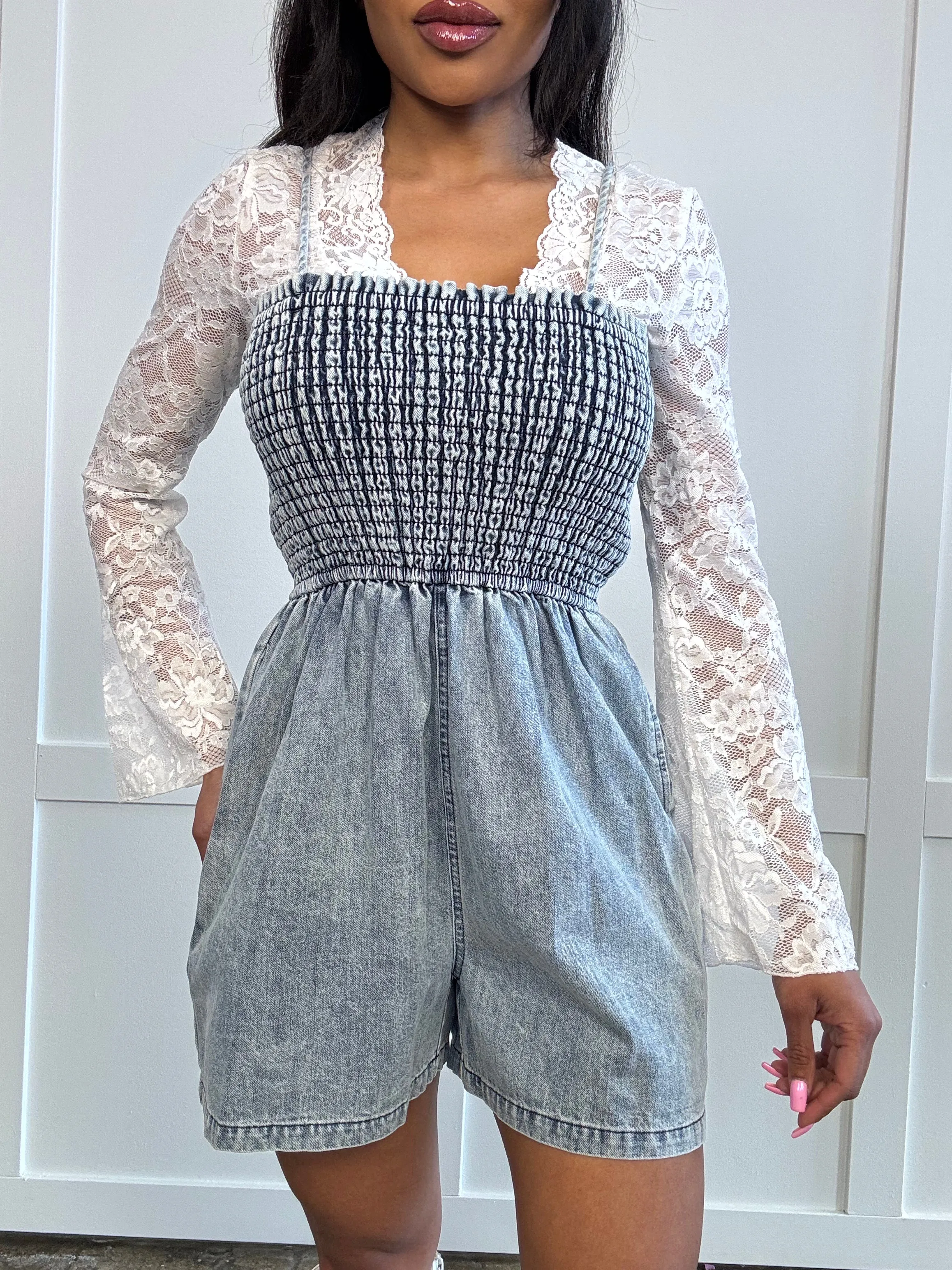 Harvey Smocked Spaghetti Strap Denim Romper