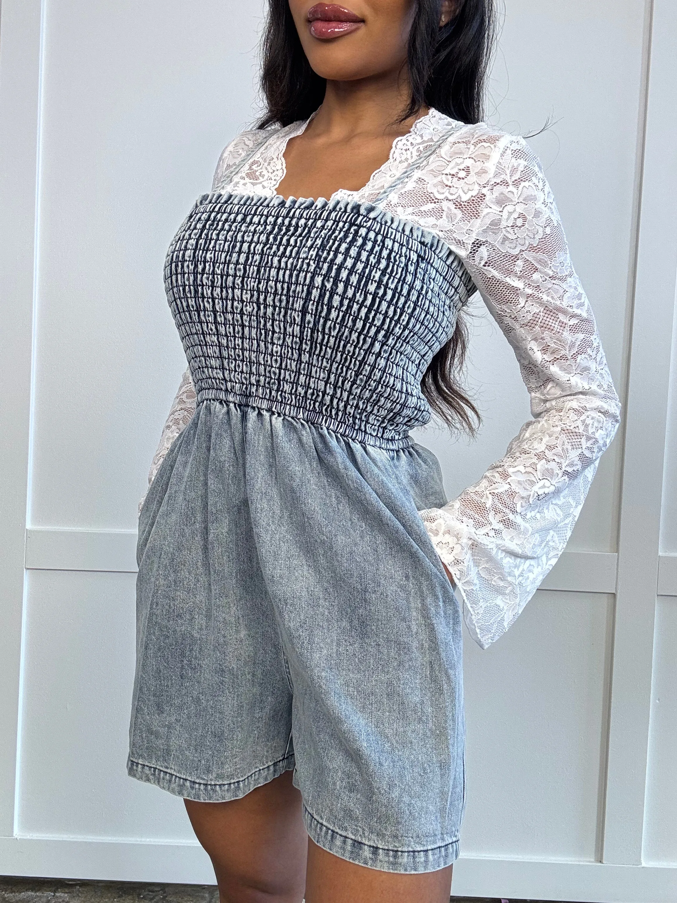 Harvey Smocked Spaghetti Strap Denim Romper