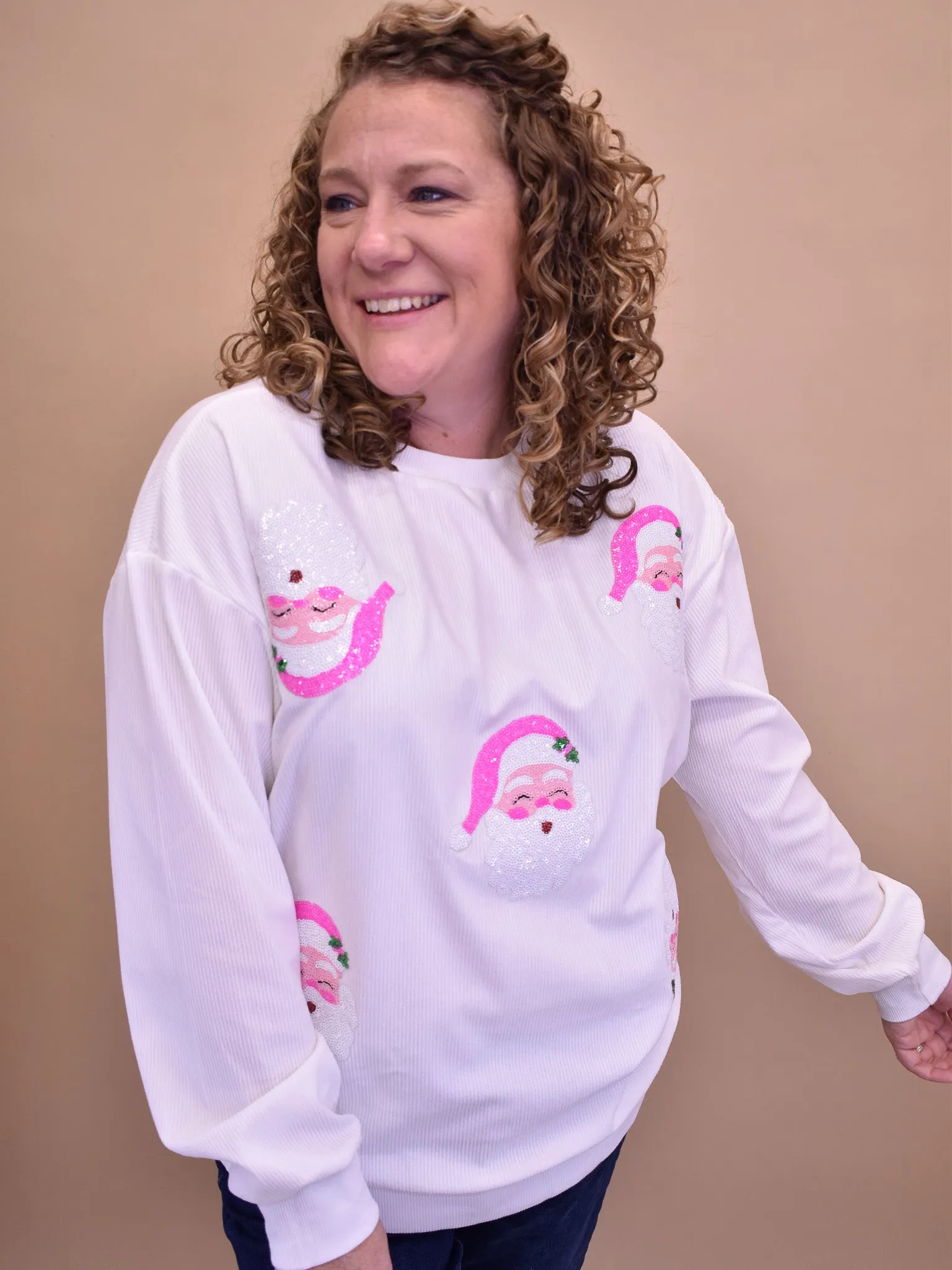 Hot Pink Sequin Patch Santa on Corded Crew