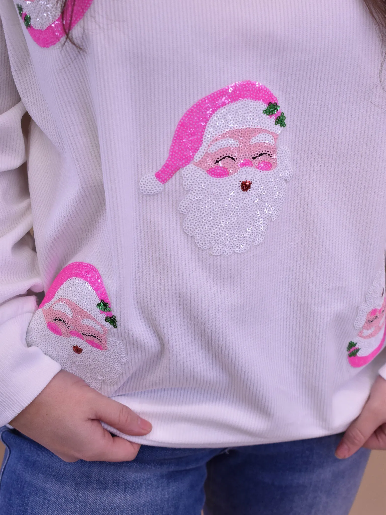 Hot Pink Sequin Patch Santa on Corded Crew