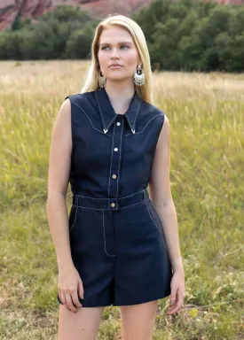 Indiana Romper | Western Romper with Silver Collar-tips in Navy