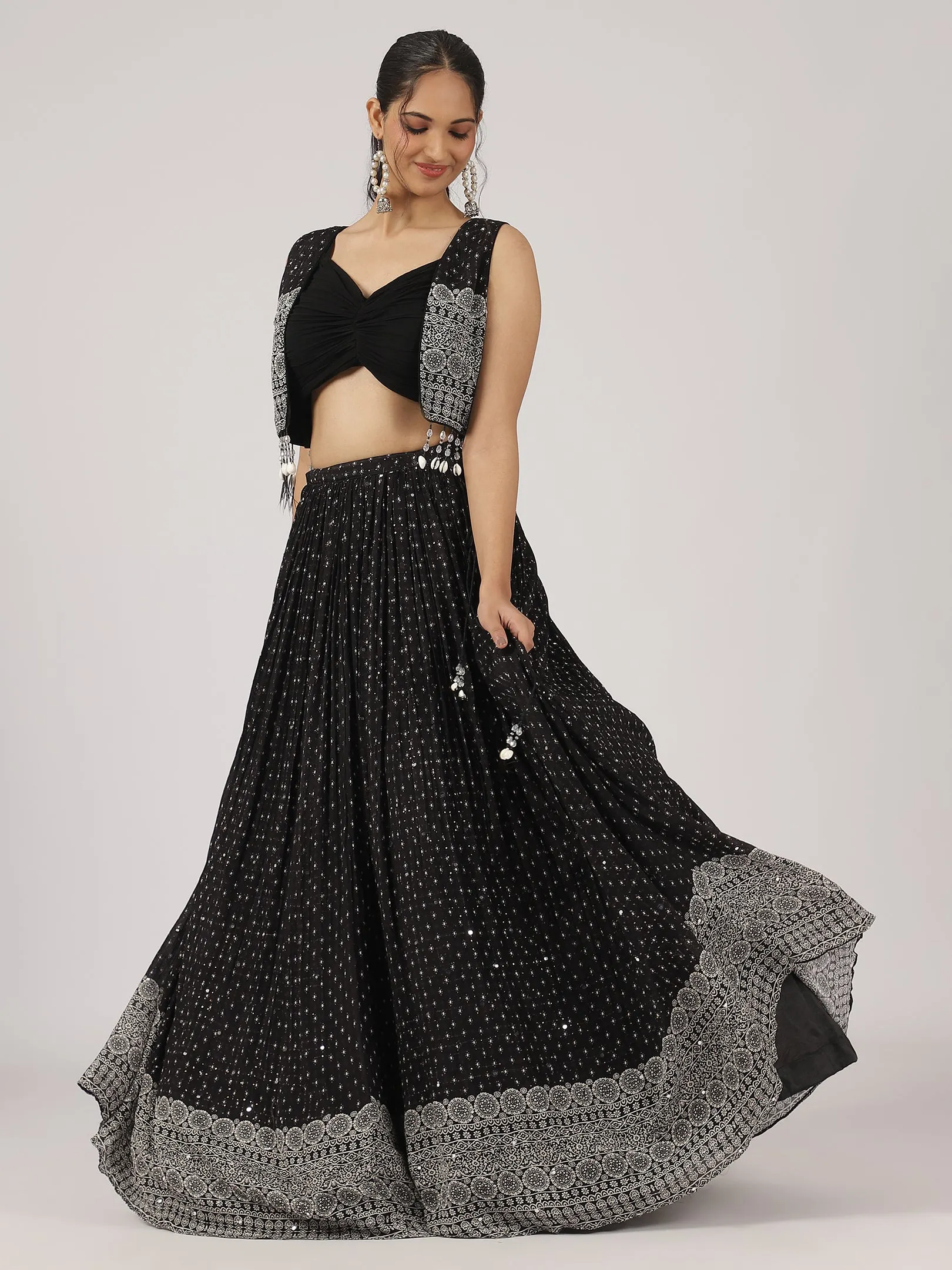 Jet Black Mirror Work Lehenga with Embroidered Jacket