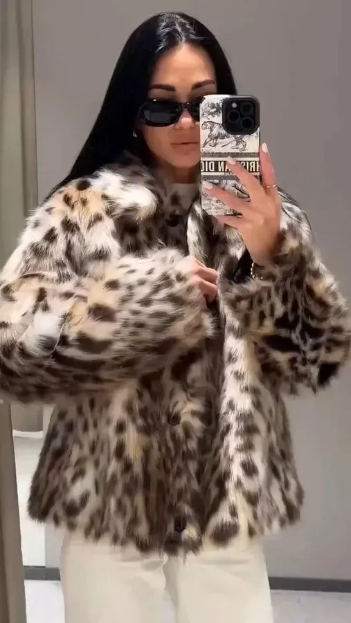 Leopard Printed Lapel Faux Fur Coat