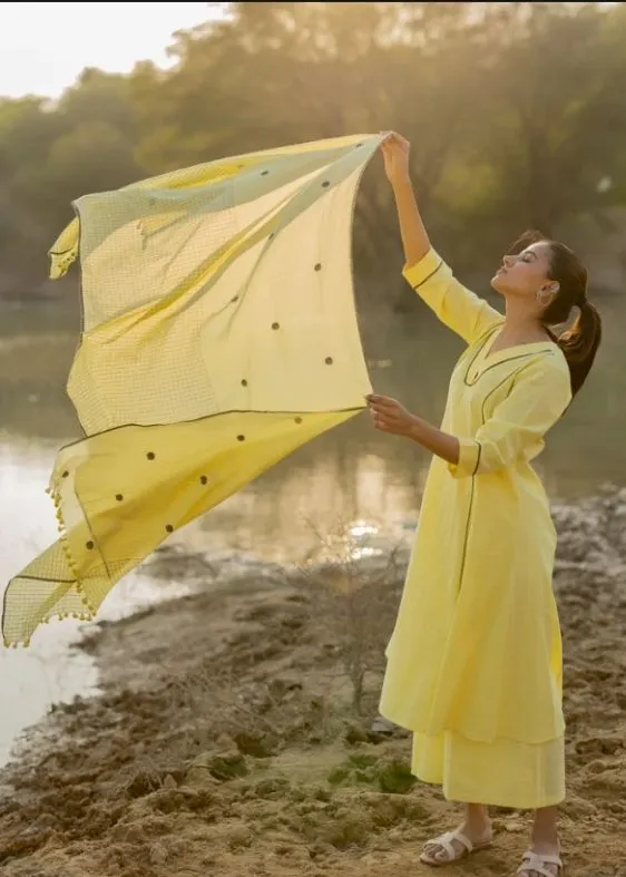 Light Lemon and Grey Kurta Set with jamdani Dupatta