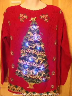 Light Up Ugly Xmas Sweater 80s with Huge Tree and Scalloped Trim