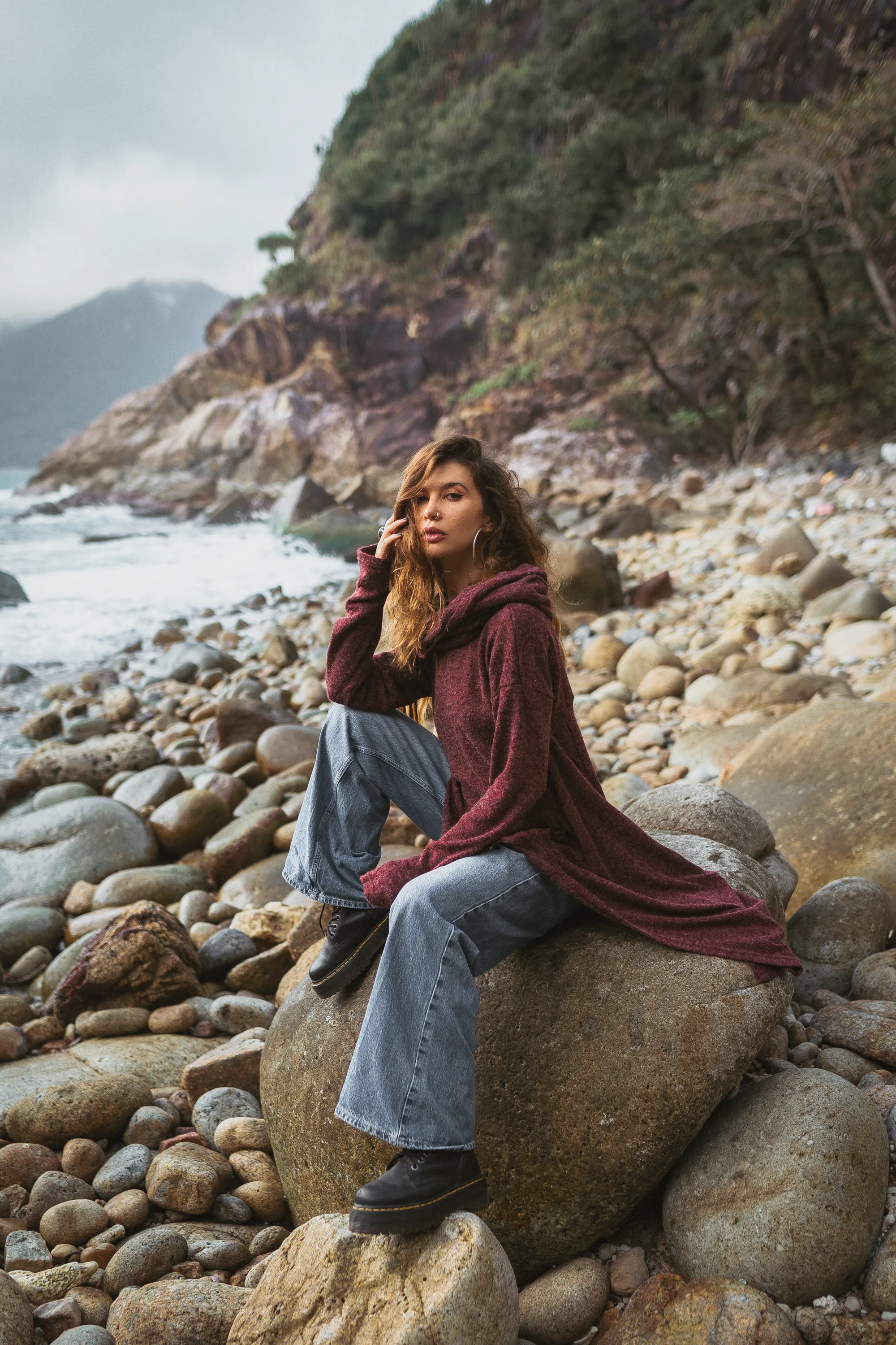 Long Hooded Sweater Coat Sheela Red