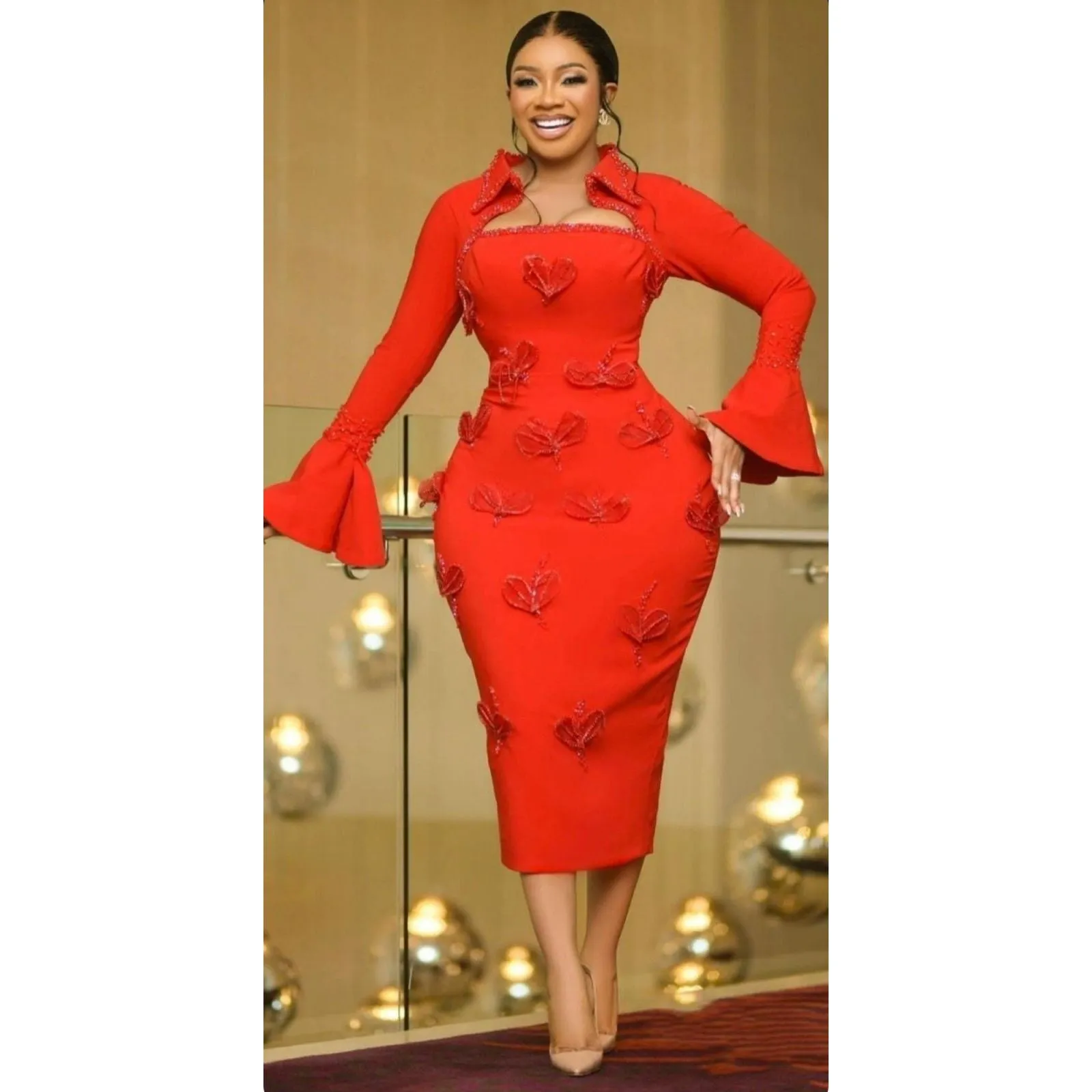 Long Sleeve Square Neck Butterfly Bodycon Dress