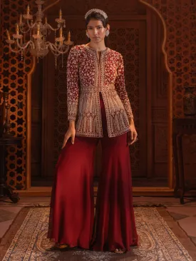 Maroon Embroidered Jacket Sharara Set