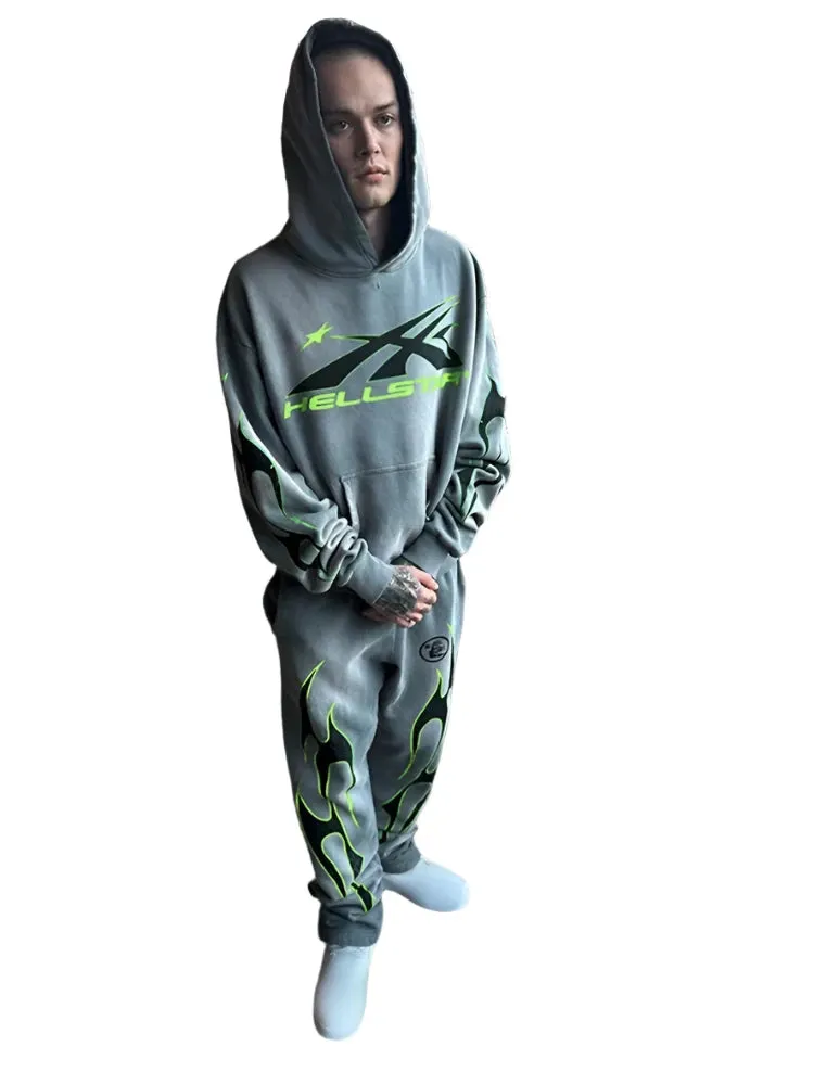 Men's & Women's 2-Piece Flame Print Hoodie and Drawstring Sports Pants Set – Trendy American-Style Hip-Hop Streetwear Suit